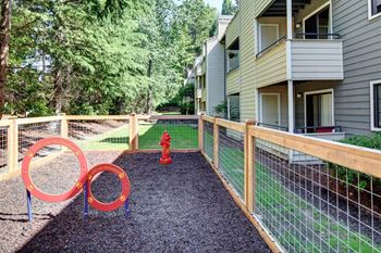 a fenced-in bark park with a red fire hydrant at 2000 Lake Washington Apartments, Washington